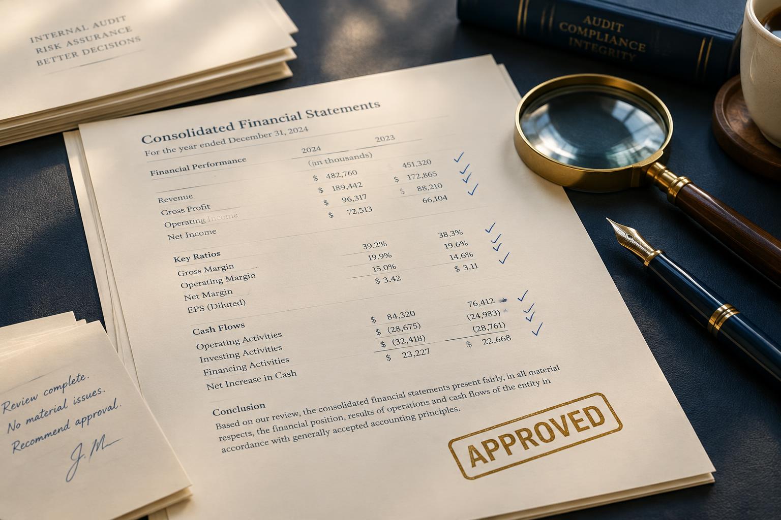 An auditor's desk at the close of a review — a stamped report, checkmarks, and a magnifying glass